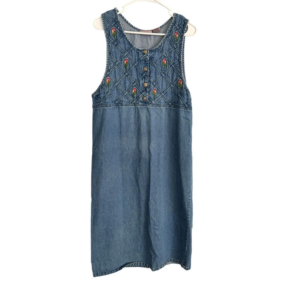 Premier Cottagecore Denim Dress Floral Embroidered Button Front Sleeveless Large